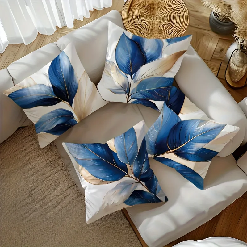 Juego  4 fundas  almohada con estampado  hojas azules en acuarela, disponibles en tres tamaños, iales para la coración