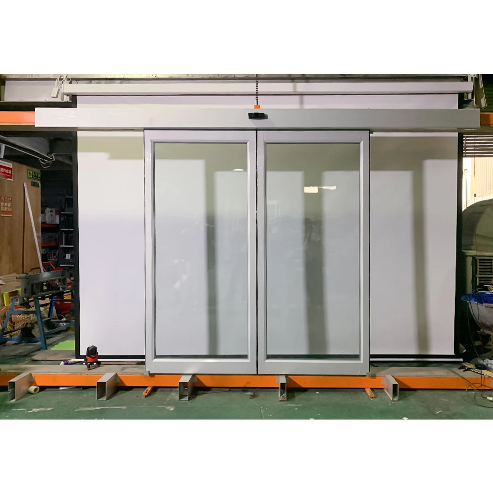 Customized Silvery White Aluminum French Front Entry Doors Insulated Glass Automatic Sensor Sliding Fiberglass for Mall Use