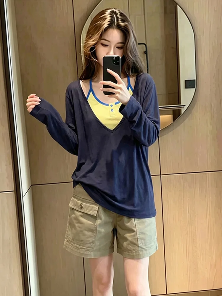 

V-Neck Loose Long Sleeve T-Shirt High Waist Workwear Shorts Summer New Arrival High-End Casual Fashion Set Women's Clothing
