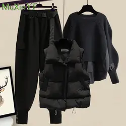 Women's Autumn Winter New In Matching Set 2023 New Korean Elegant Vest+Fake Two Piece Knit Sweater+Cargo Pants Three Piece Suit