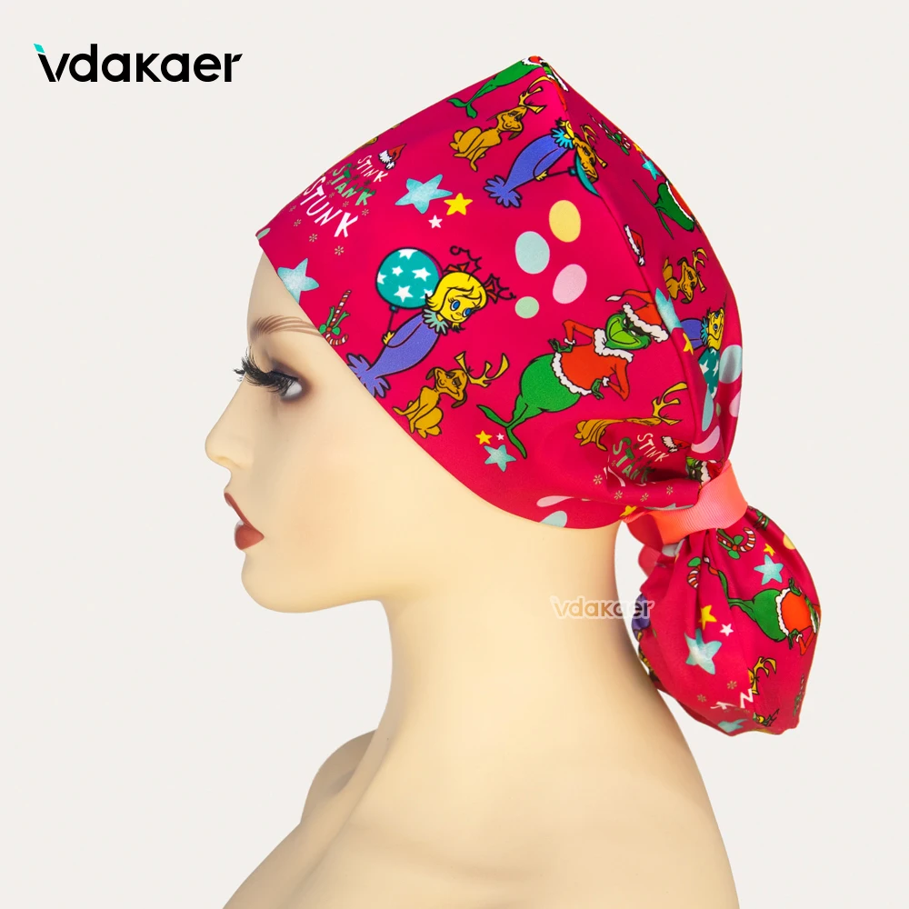 High quality satin printed Christmas pattern Long Hair Adjustable Working Hat Ponytail Holder Tie Back Hats For Women Scrub Cap
