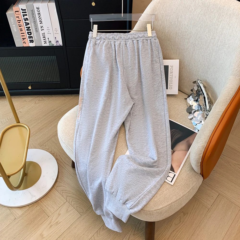 Spring and Autumn New Plus Size Women's Grey Elastic Waist Drawstring Outdoor Sports Pants Loose Casual Black Ankle Pants