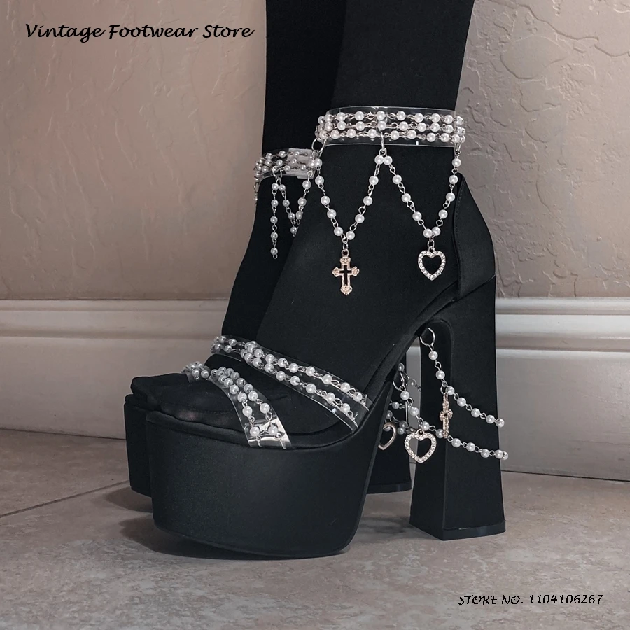 

Pearl Chain Pendant Embellished Platform Shoes Women's Round Open Toe Chunky Heel Lolita Shoes Spring Summer Cosplay Sandals