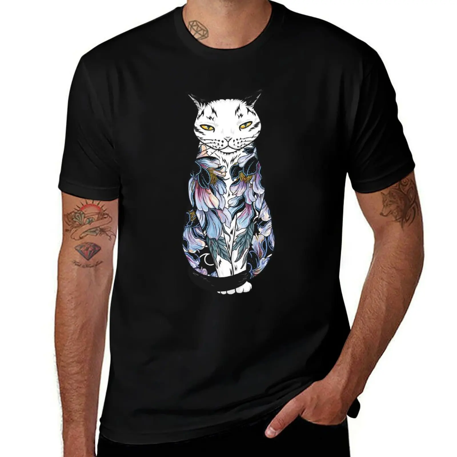 Cat in cosmic black peonies tattoo T-Shirt No Iron Casual Short Sleeve Top T-Shirt