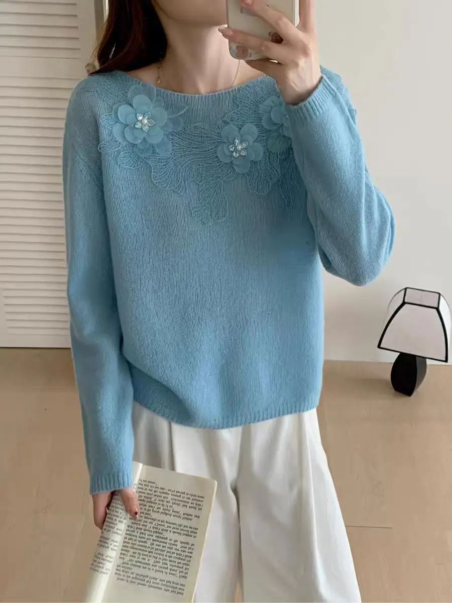 

Ele Heavyweight Pearl Embellied Camere, женский модный универсальный осенний топ с 3D цветочным дизайном