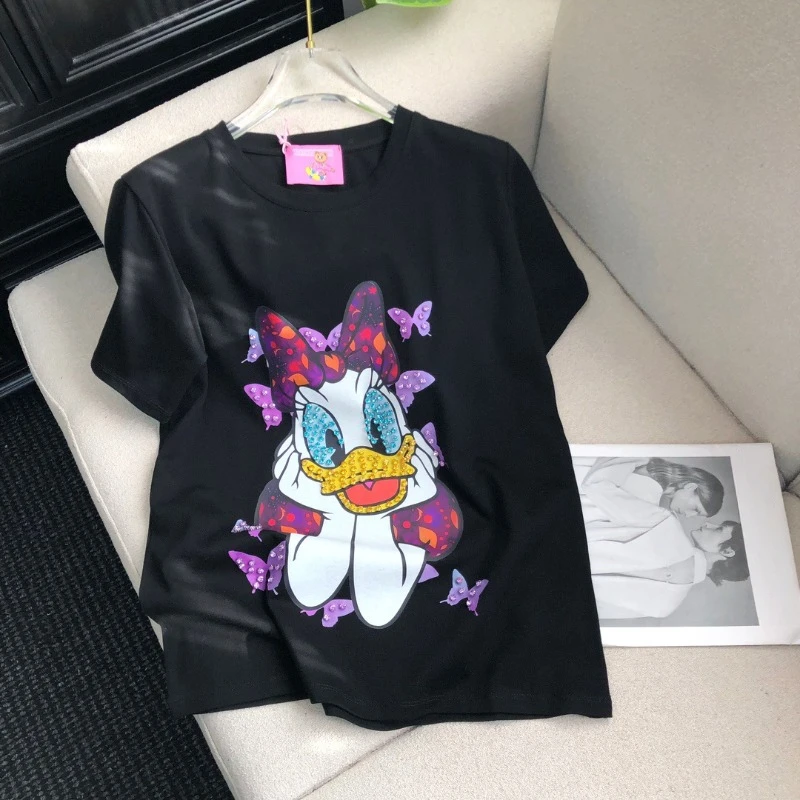 2025 Summer New Trendy Brand Fashion Cartoon Printing Heavy Industry Diamond Drills Versatile Short-sleeved T-shirt Pullovers