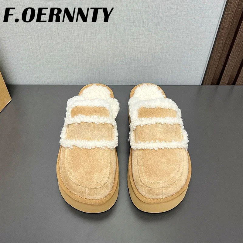 2024 New Outside Wool Warm Half Slippers Women Suede Closed Toe Platform Slippers Women Round Toe Thick Sole Casual Slippers