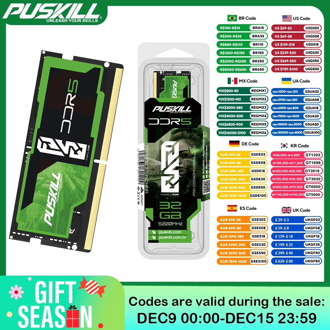 PUSKILL FUSE Notebook Memoria Ram DDR5 32GB 16GB 8GB 1.1V 262-Pin 5600MHz 5200MHz 4800MHz per laptop Memoria SODIMM