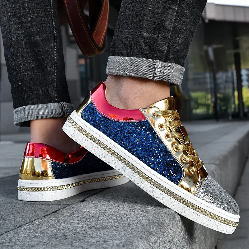 High-Quality Couples Luxury Sequined Shoes Trend Color Matching Low Skateboard Sneakers Man Comfortable Soft Shiny Shoes For Men