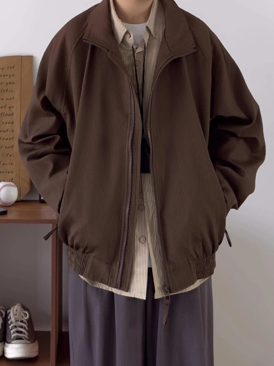 

East Japan Sle Men's Jaet Spring Autumn Pure Color Loose Fit Couple's Zipper Closure Stand Collar Casual Polyester Fiber