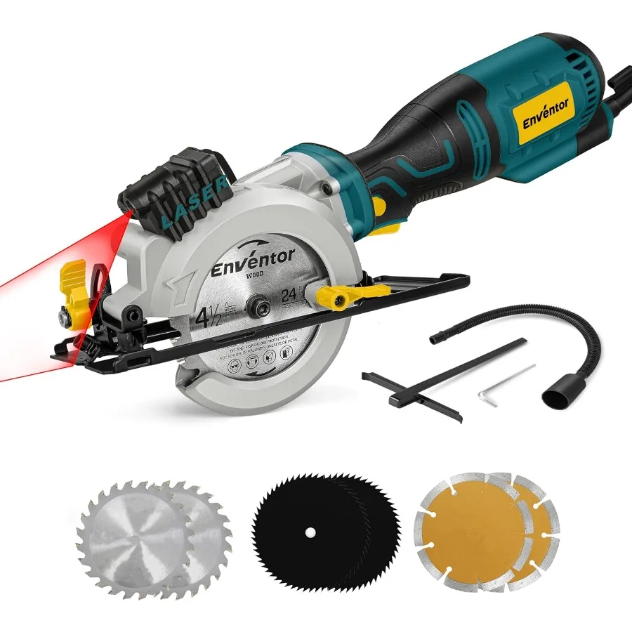 

Mini Circular Saw 5.8A 4-1/2" Electric Circular Saws with 6 Saw Blades Laser Guide Max Cutting Depth 1-11/16" 90° 1-1/