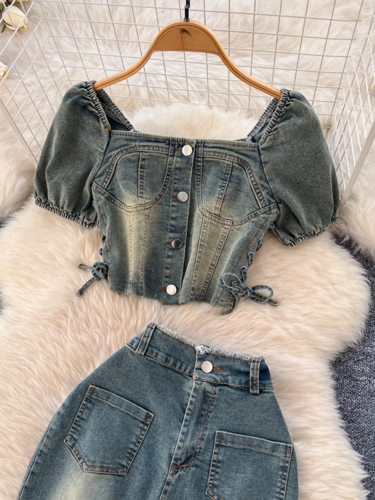 Retro Sle Women's Denim Set Summer Tie Waist Crop Top plus High Waist Slim Fit Pants Square Collar Faionable Outfit