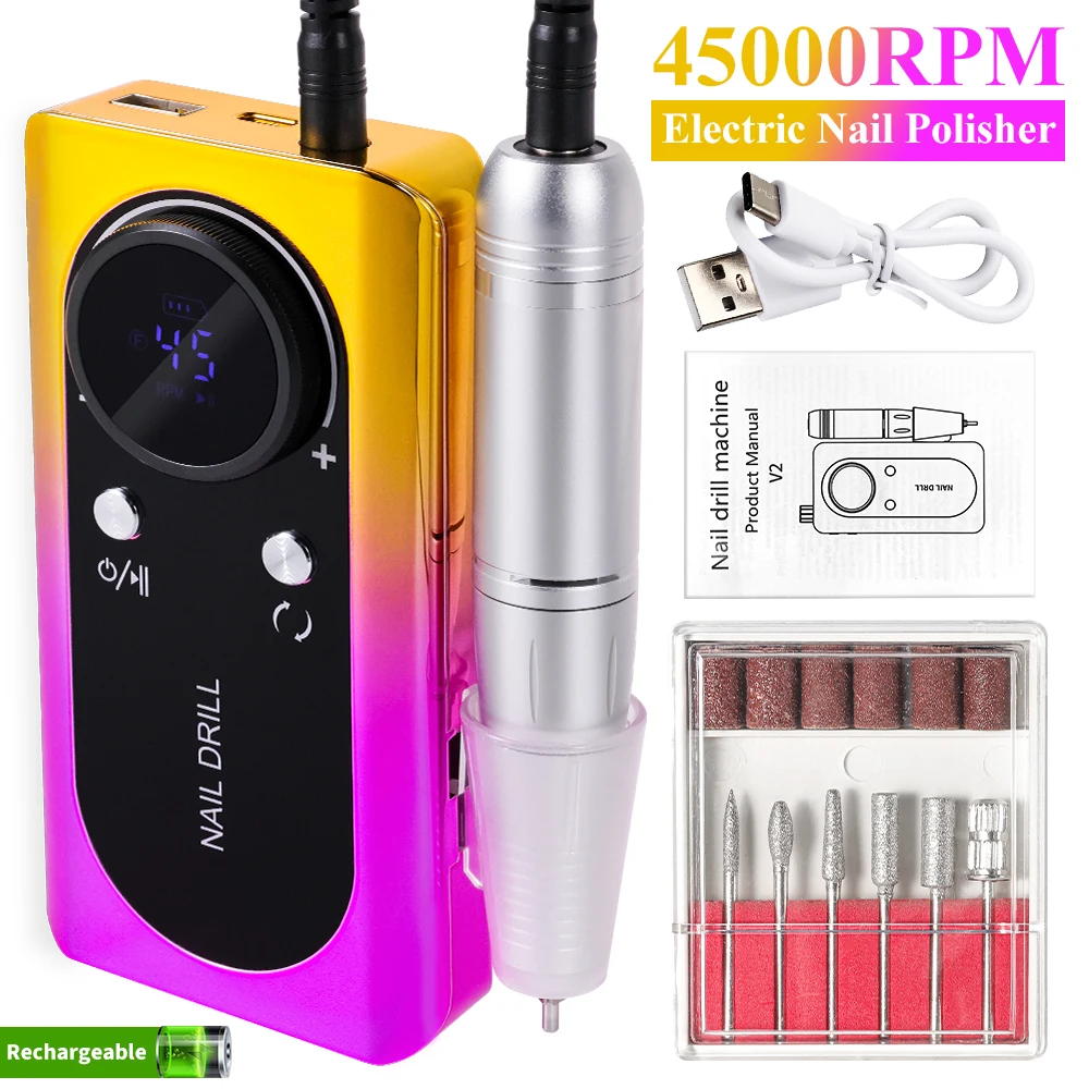 Professional 45000RPM Electric Portable Nail Drill Machine Rechargeable Low Noise Nail Sander File for Home Nail Salon