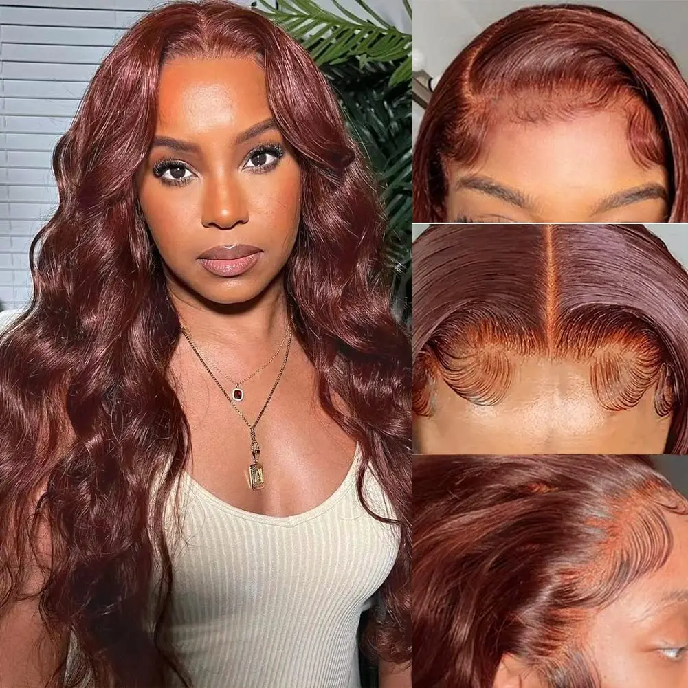 13x4 Reddish Brown Body Wave Lace Frontal Human Hair Wig 13x6 Transparent Lace Frontal Wig 4x4 Closure Human Hair Wig PrePlucked