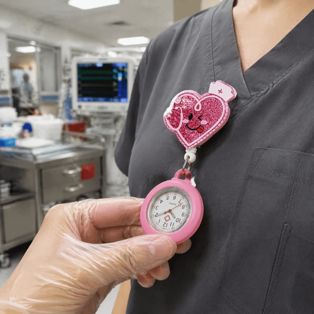 Clock Retractable Retractable Pocket Watch Multi-functional Clip-On Nurse Watch Cartoon Glitter Silicone Badge Reel Unisex