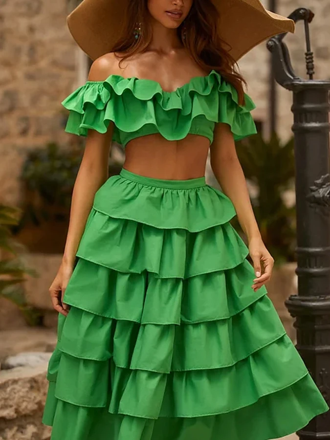 2023 Vintage Off Shoulder Ruffle Solid Color Green Bikini Holiday Beach Skirt Designer Bathing Suit Women