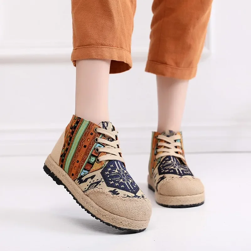 Women Casual Shoes Grass Woven  Flat Espadrilles Comfortable Bohemian Chinese Style  Lace-up Fashion Non-leather