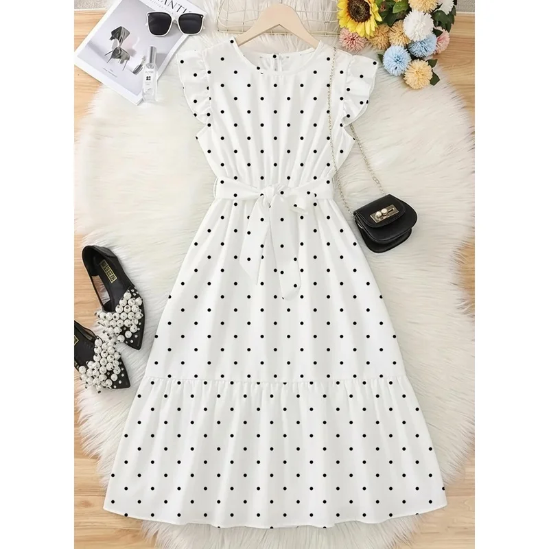 Summer Casual Elegance Girls' Polka Dot Dress Comfortable round Neck Ruffle Sleeves Cinched Waist Lace-Up Long Skirt
