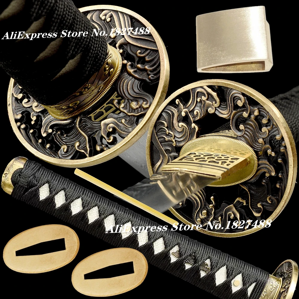 

A Set Brass Sea Wave Theme Japanese Sword Guard Katana/Wakizashi Metal Fittings Tsuba+Menuki+Fuchi+Kashira+Handle+Habaki+Seppa