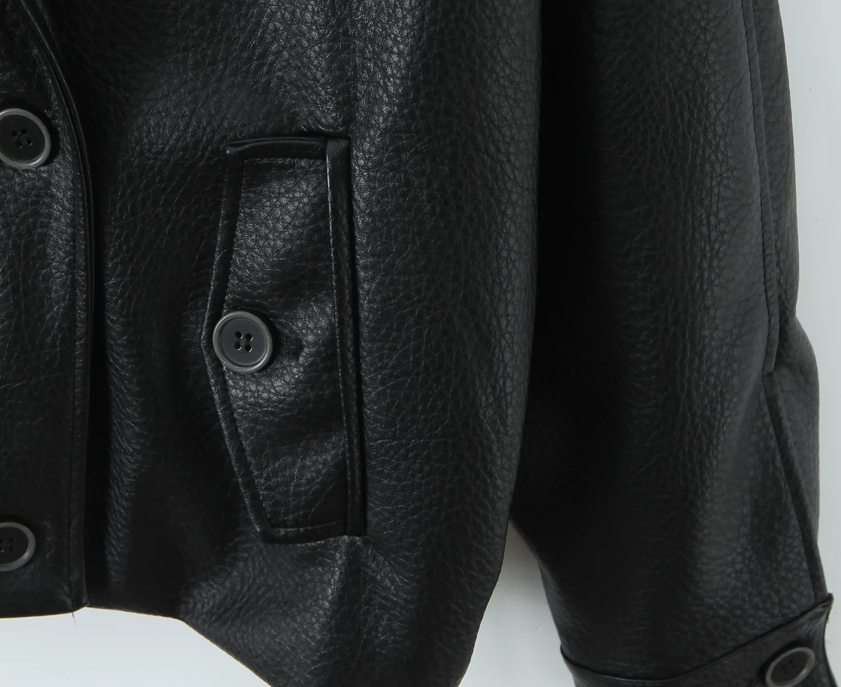 2025 아메리칸 레트로 여성 브라운 PU 가죽 재킷 노치드 더블 브레스티드 버튼 풀 슬리브 오버사이즈 코트 루즈 아우터웨어