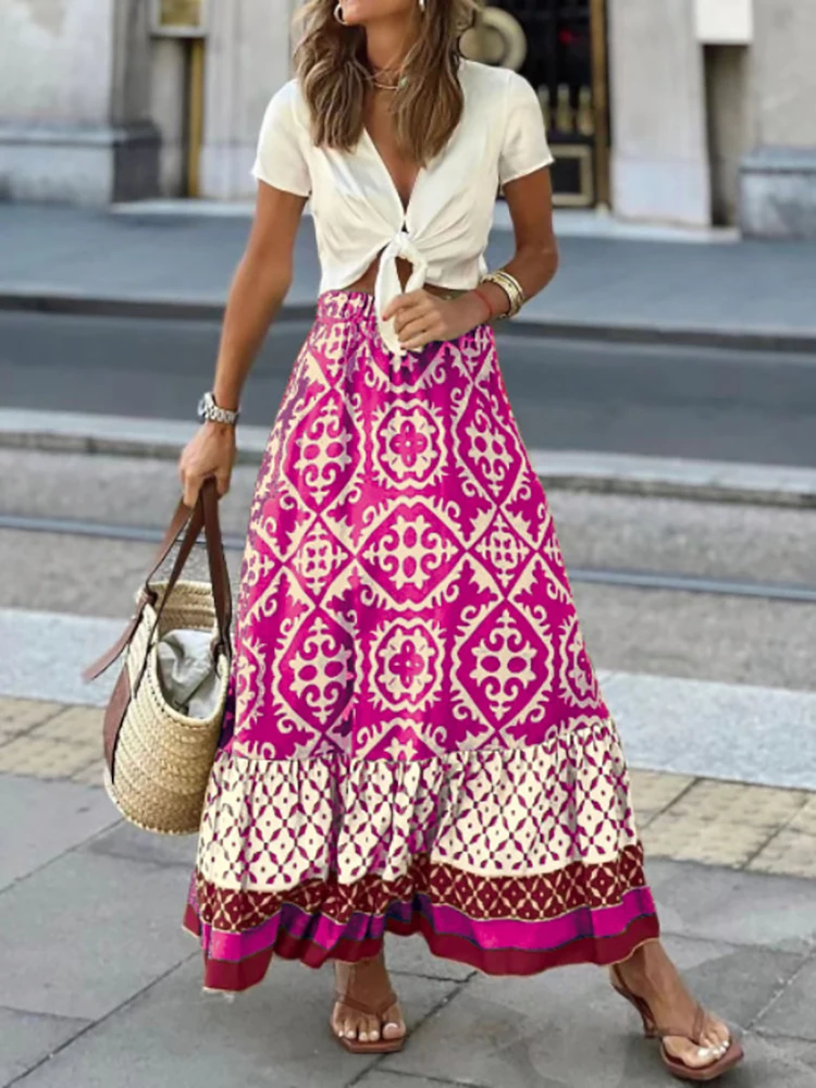 

Women Casual Printed A-Line Skirt Summer Patchwork Loungewear Elegant Ladies Skirts New Holiday Sweet Female Skirts Dropshipping
