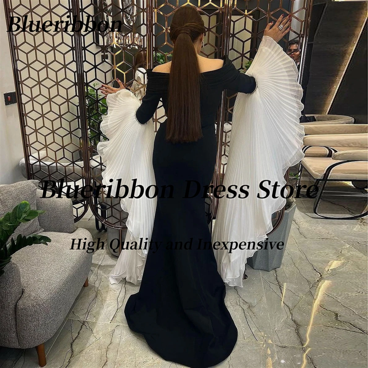 Blueribbon-Vestidos de Noche plisados de manga larga para mujer, ropa de graduación, color negro, Arabia Saudita