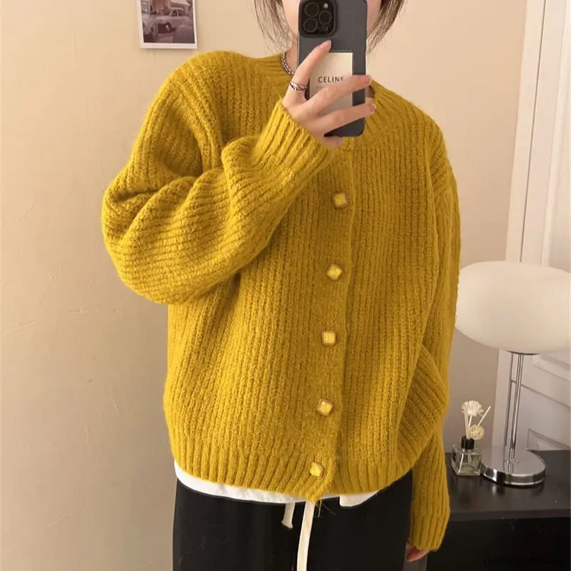 

Yellow Knitted Cardigans Korean Loose Sweater Elegant Women Jackets Thickened Autumn Winter Knitwear Warm O-neck Casual