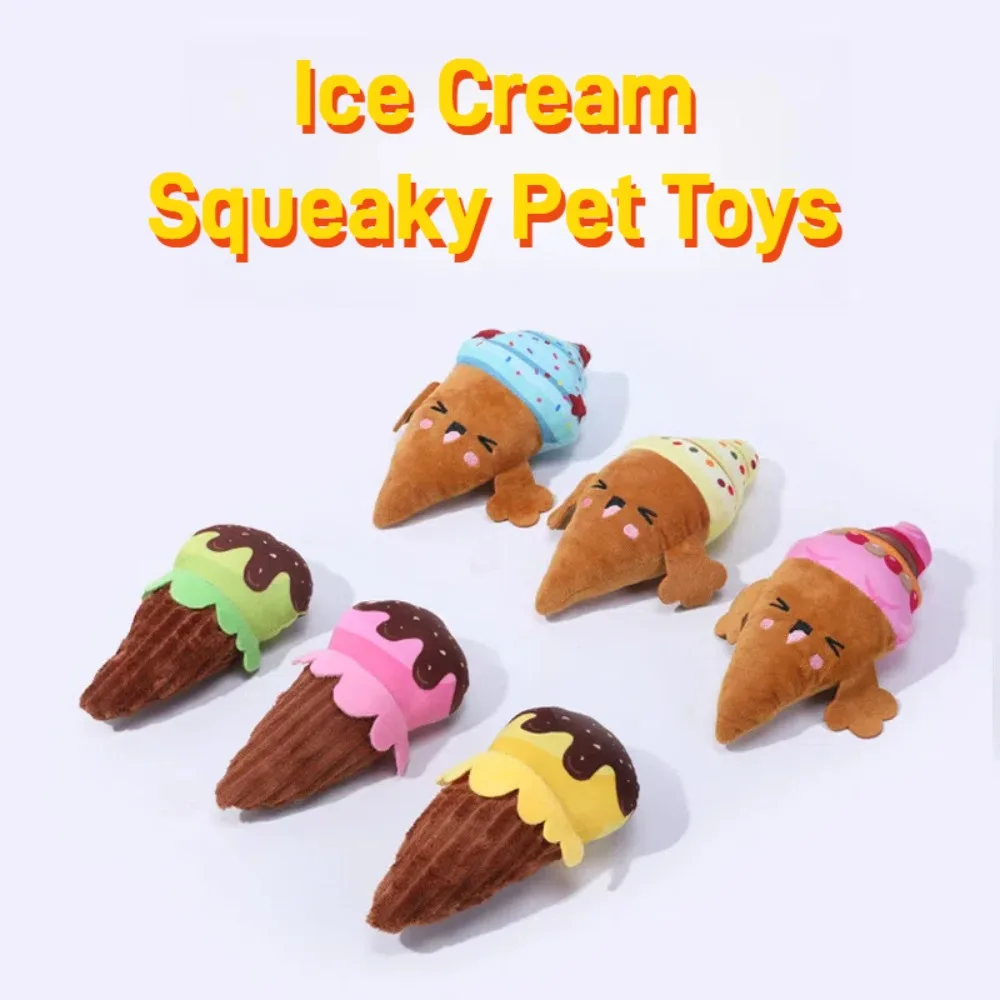 Ice Cream Shaped Dog Plush Toy Makes Sounds Bite Resistant Training Chew Toys Cute Indoor & Outdoor Plush Doll for Puppy Cats