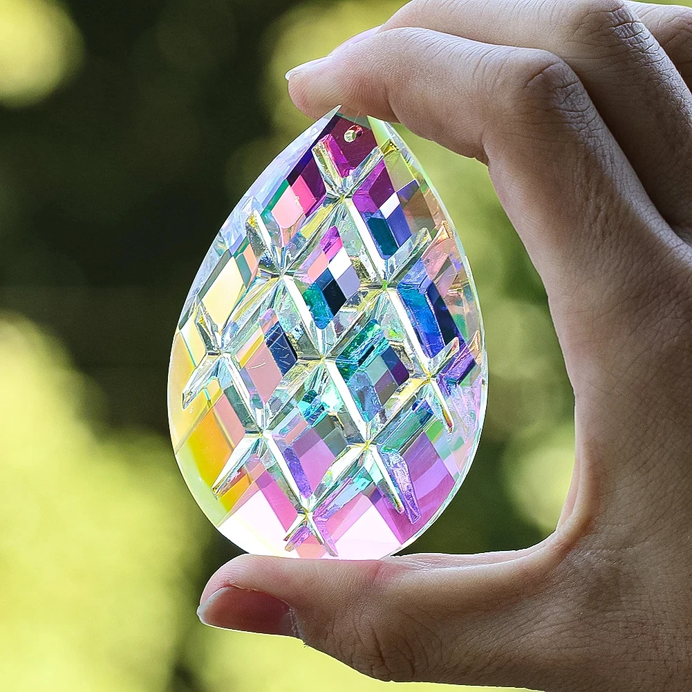Waterdrop Grid Crystal Suncatcher Glass Prism Window Hanging Decor Rainbow Maker Chandelier Lamp Parts Replacement Pendant