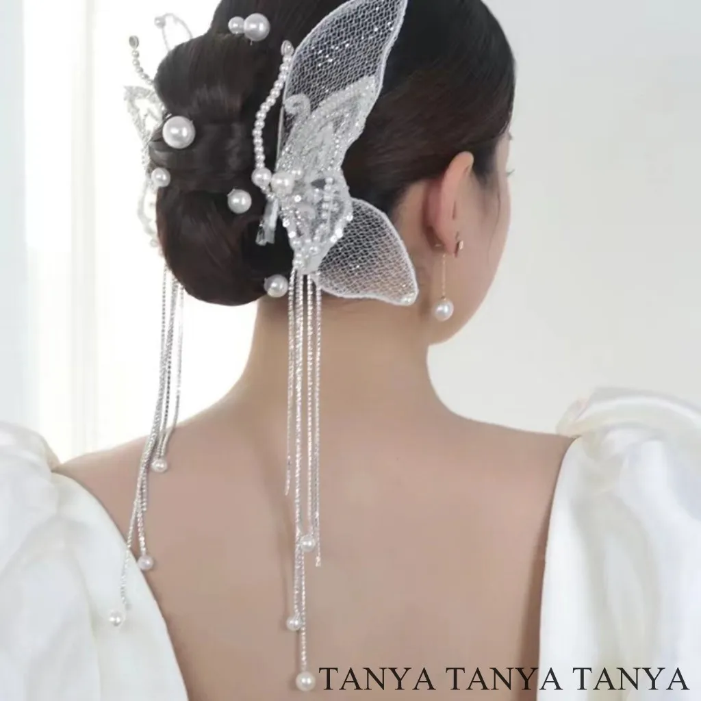 

Elegant Handmade Wedding Headdress Fancy Handmade Tassel Hairpin Graceful Pearl Spun Silk Yarn Bridal Accessories SWD710