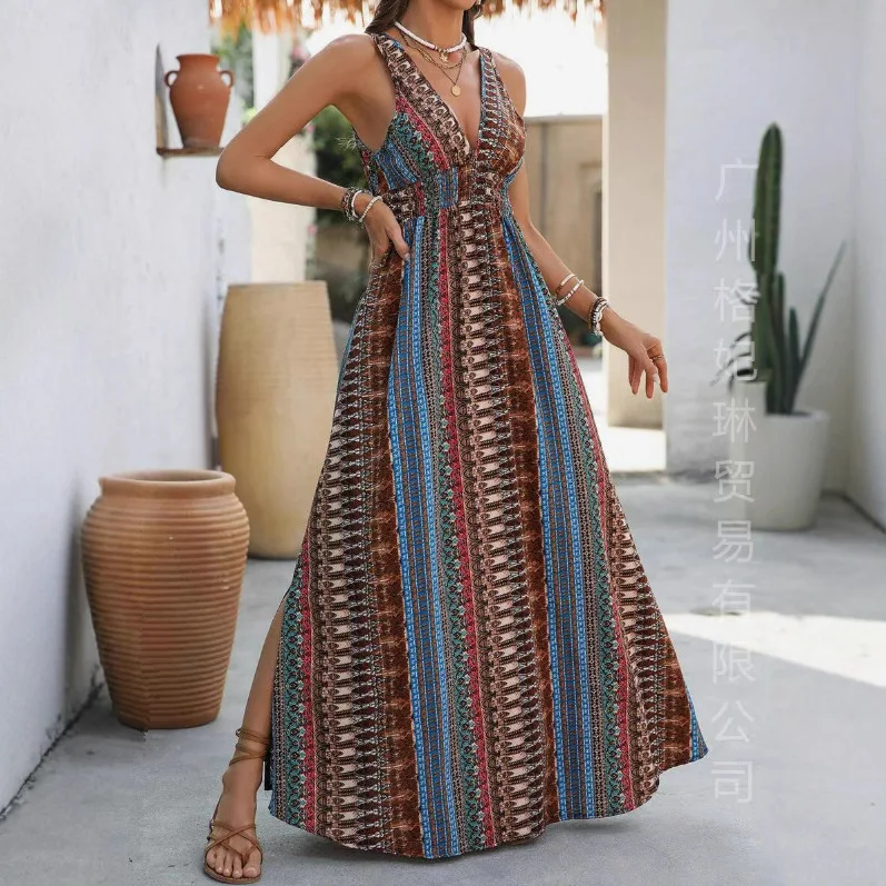 Afbeelding 4: Boheemse stijl print mouwloze lange jurken dames zomer v-hals backless leace-up splitjurk casual dame vakantie vestidos