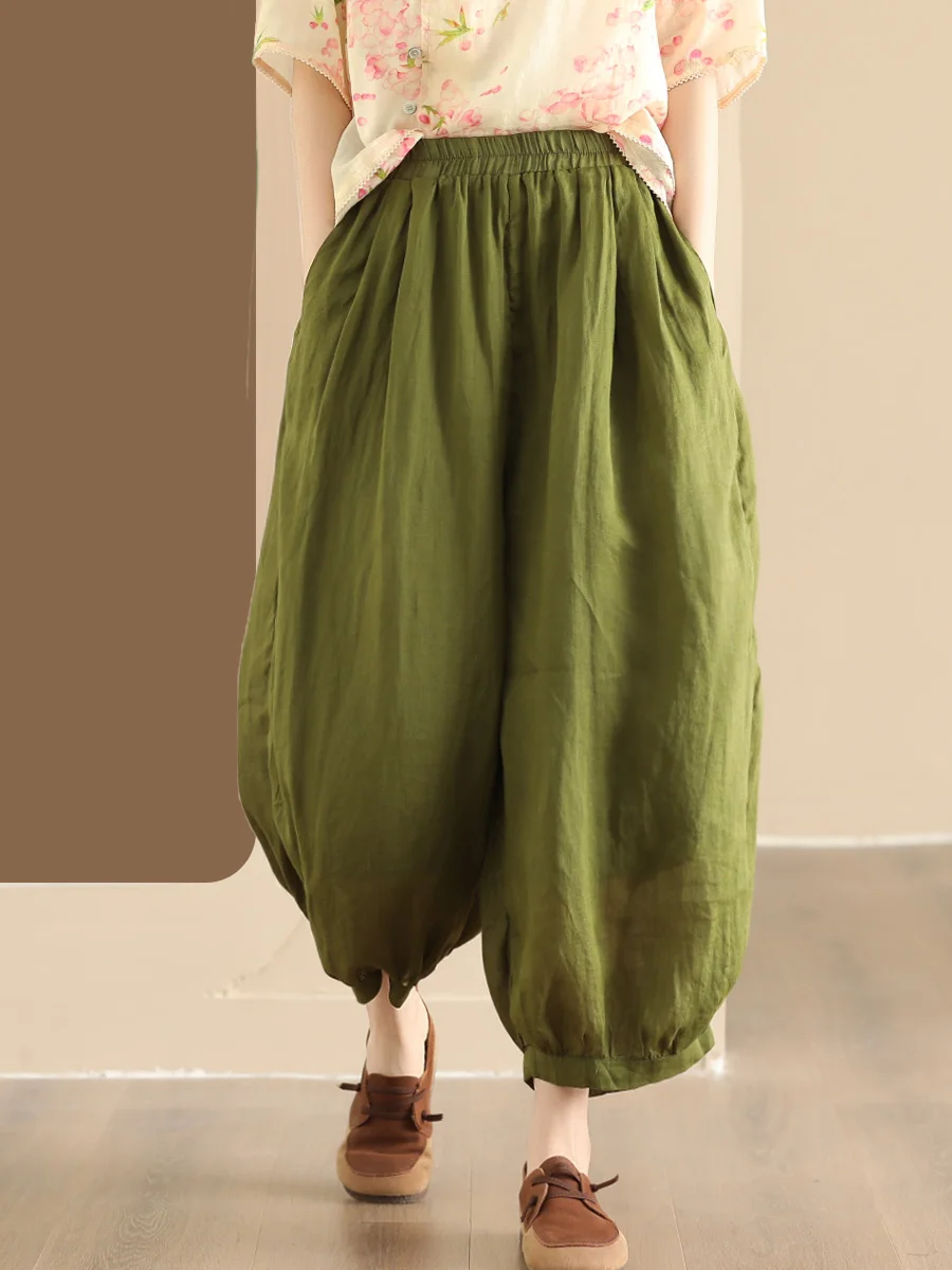 

Retro Double Layered Hemp Lantern Pants Women's Loose Artistic Elastic Waist Wide Leg Harlan Pants Slimming Summer Casual Tro...