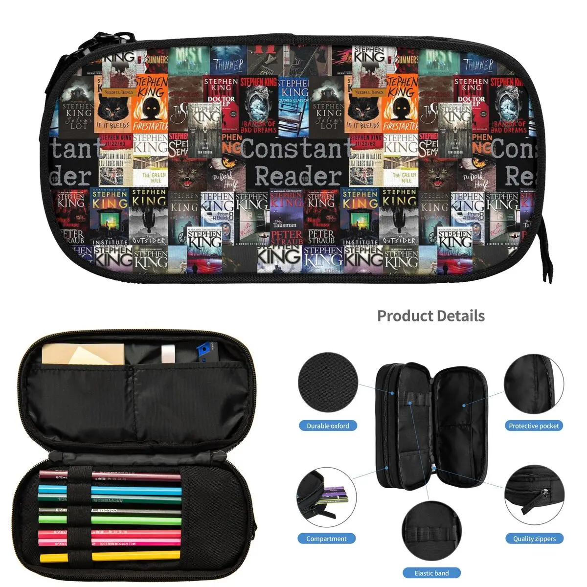 스티븐 킹 책 커버 학생용 연필 케이스 학교 펜 상자 연필 가방 대용량 연필 주머니 보관 문구