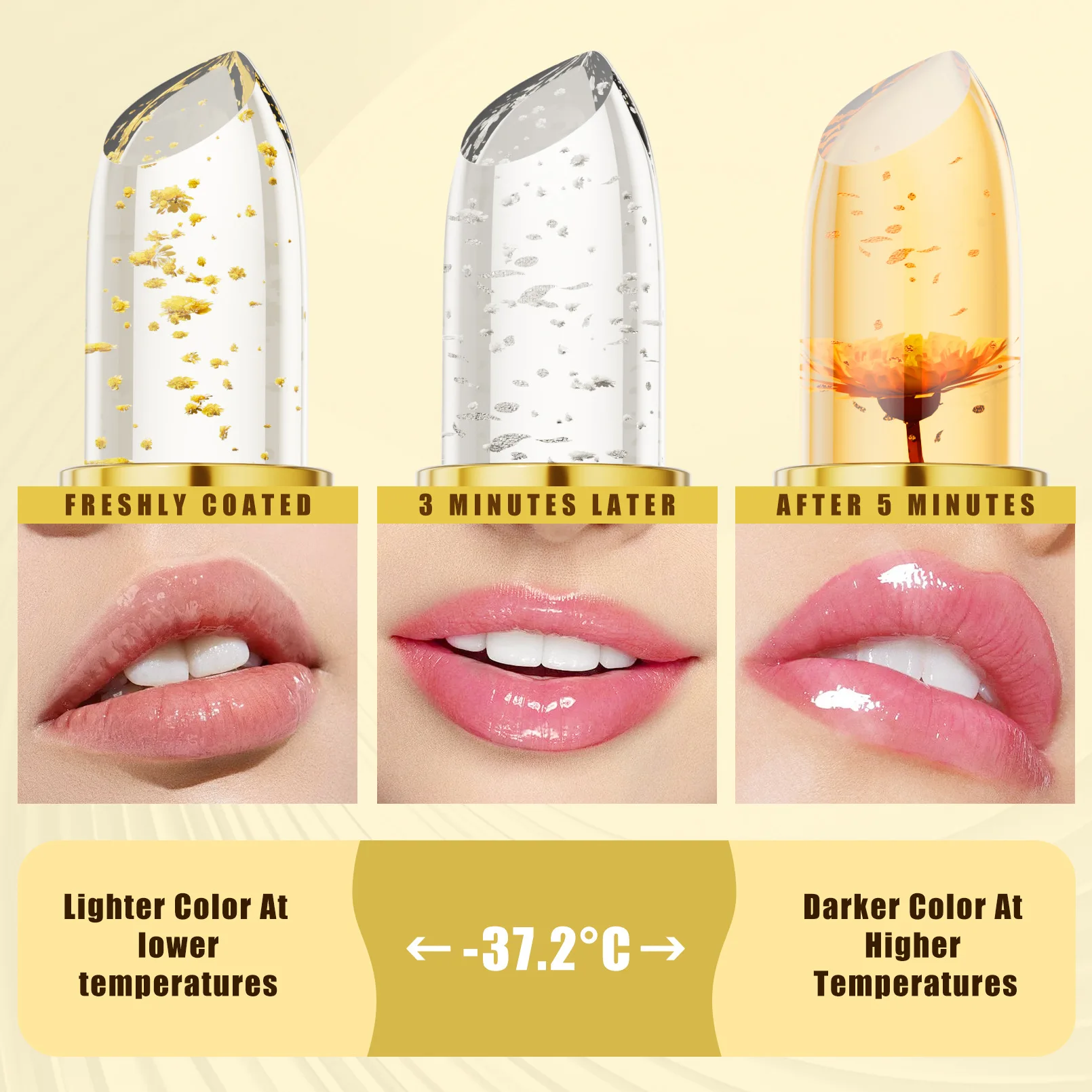3Pcs Gold Foil Temperature Color Changing Lipstick Set Transparent Jelly Lip Balm Moisturizing Anti Dry Crack Long Lasting