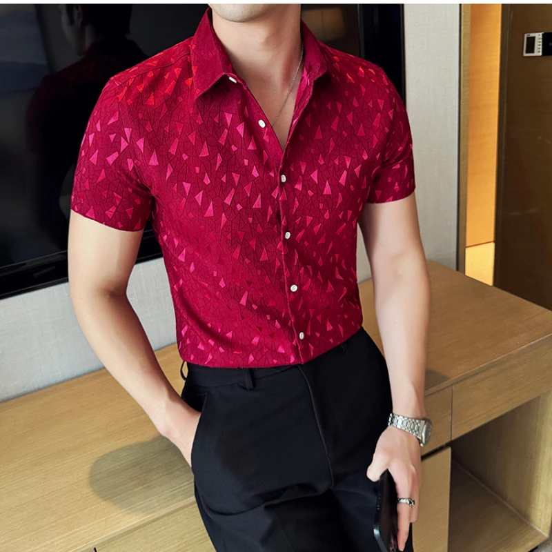 Brand Clothing Men\'s Summer Casual Short-sleeved Shirts Men Slim Fit Lapel Dress Shirts Plus size 4XL-M