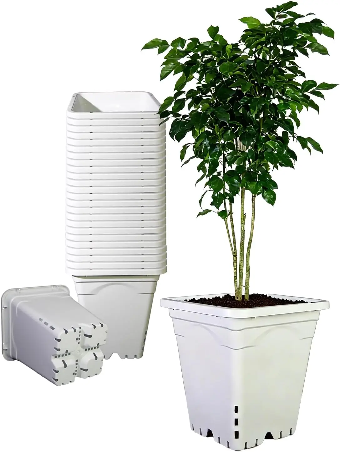 

HG9X9SW 9"x9" Grayish-White Light-Blocking Plastic Planter with Hanging Holes, Hydroponic Side Holes, 10" Tall, Pack of