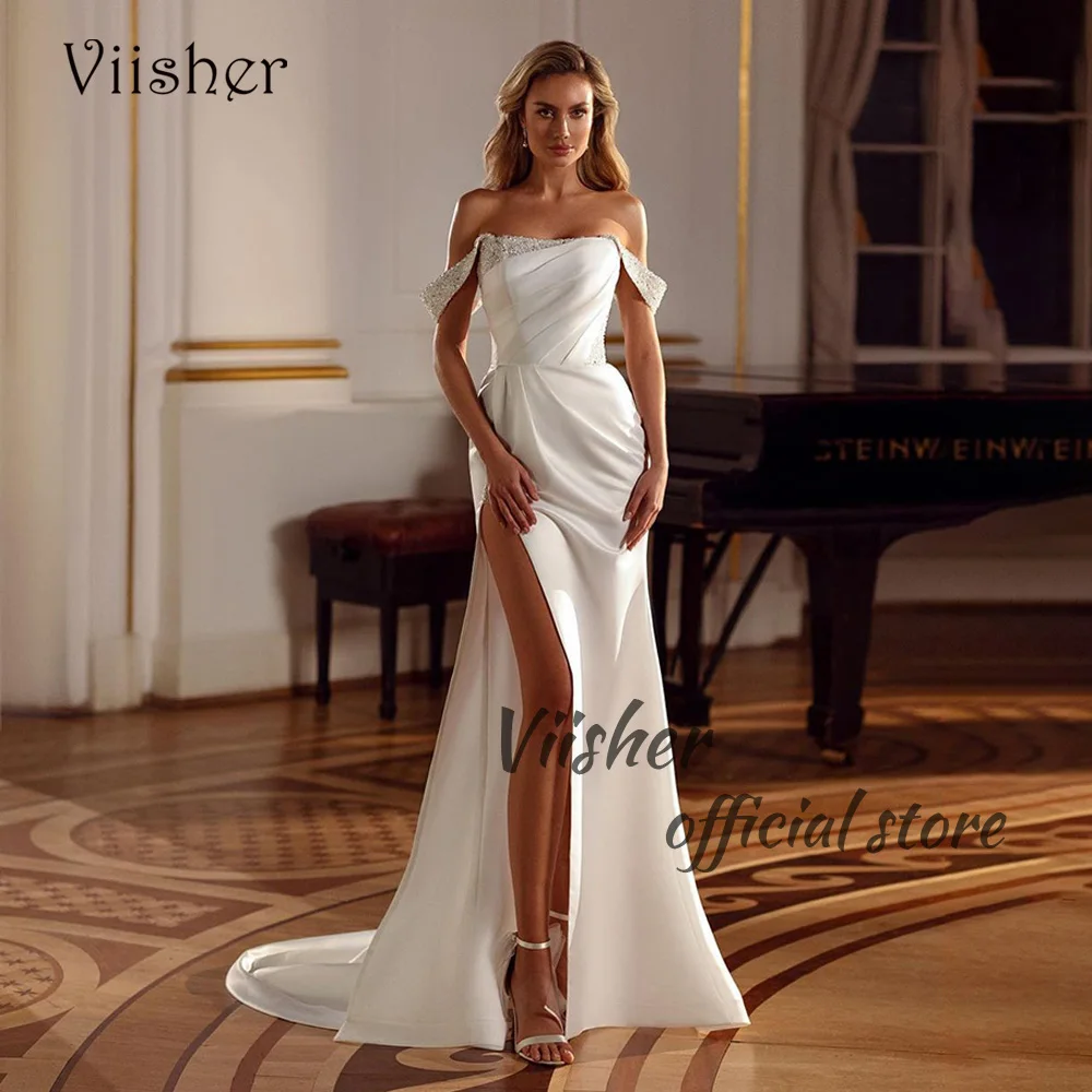 Viisher Ivory Satin Mermaid Wedding Dresses with Slit Train Sequins Off Shoulder Bridal Gowns Sexy Boho Beach Wedding Bride Dres