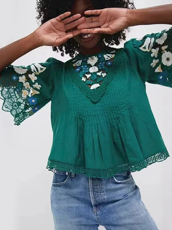 

Ретро-топ с кружевными элементами и 3D-вышивкой, дышащий, повседневный, из смесового хлопка и льна, с круглым вырезом, короткий рукав, для женщин