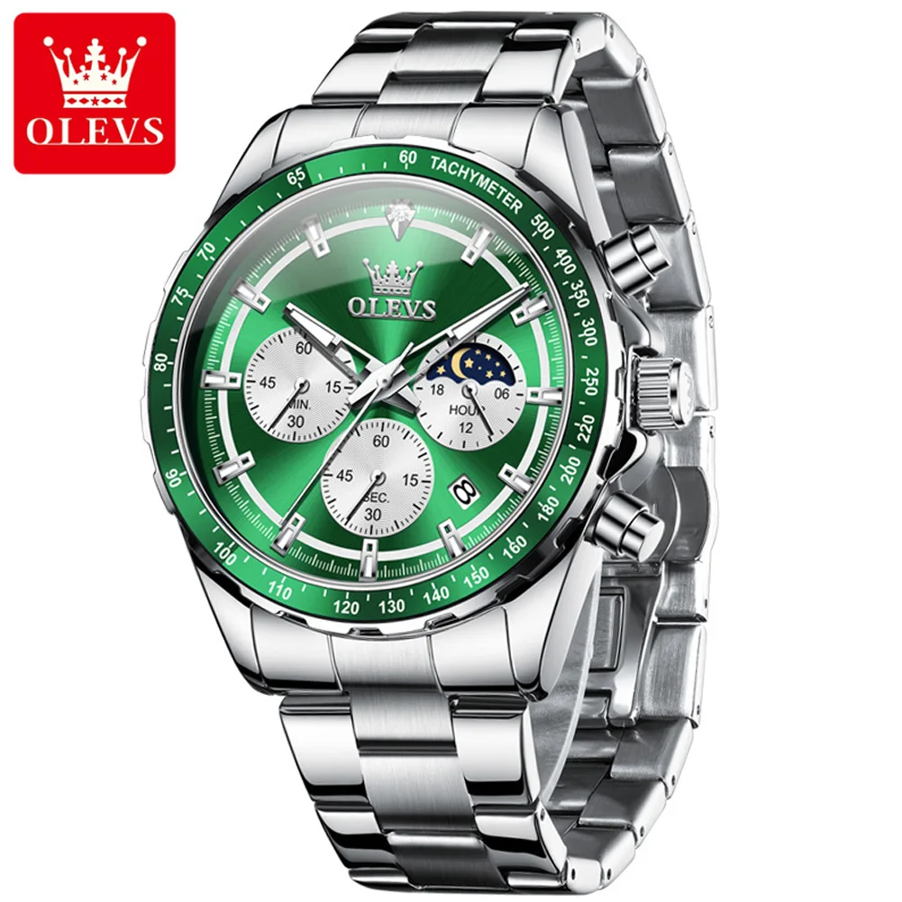 OLEVS Man Watch Luxury Original Quartz Watch for Men 24 Hour Moon Phase Chronograph Hand Clock Waterproof Luminous Green Watches