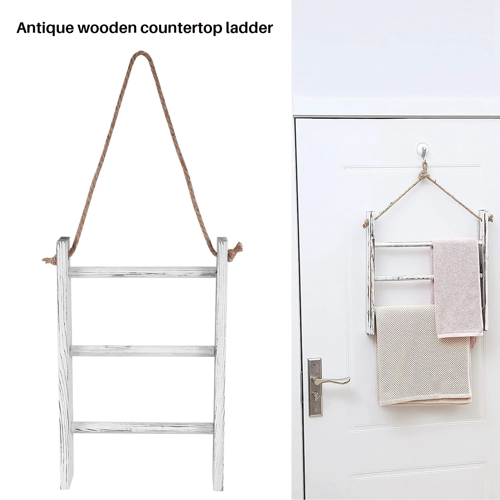 Wall-Hanging Towel Ladder Rustic Whitewashed Wood Countertop Ladder Farmhouse Decor Towels Rack with Adjustable Rope