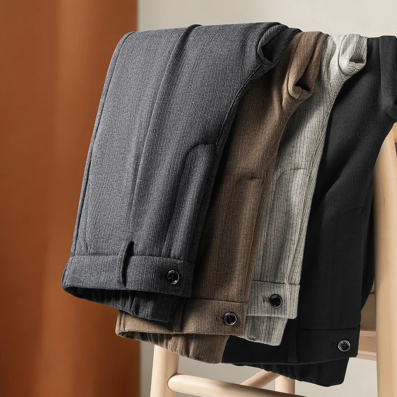 

Новые мужские повседневные брюки прямого кроя на флисовой подкладке 2026 года, теплые шерстяные брюки, свободный крой, повседневный стиль