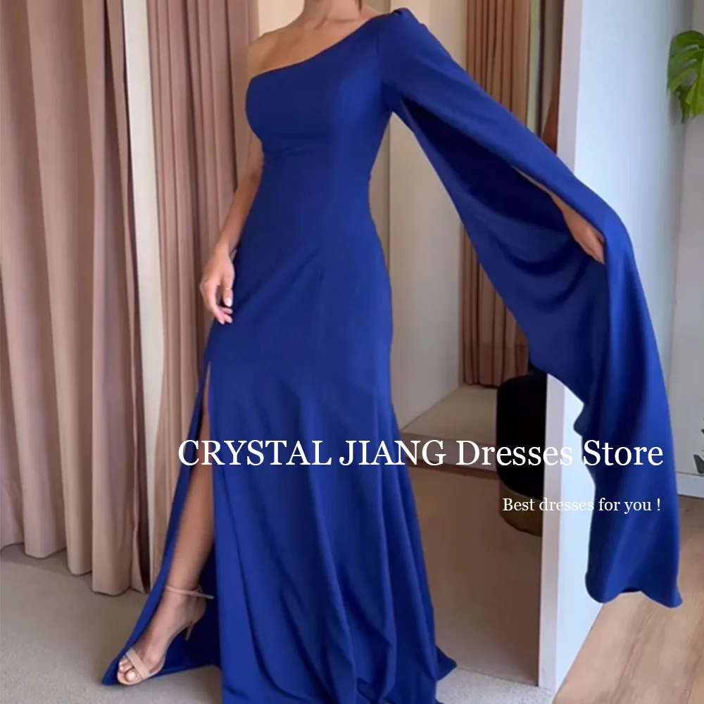 Vestido de noite azul longo elegante para mulheres, crepe de um ombro, mangas completas com fenda, fenda até o chão da sereia