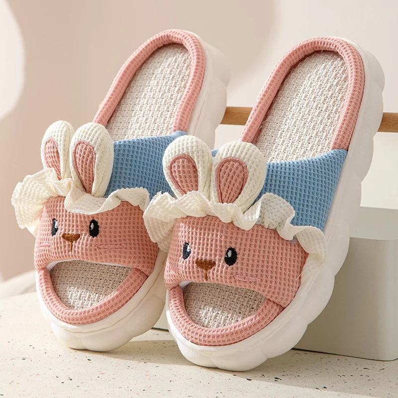 Cute Rabbit Slippers For Women Men Cartoon Flip Flops Lady Cotton Linen House Shoes Slides Four Season Casual Home Slippers 2024