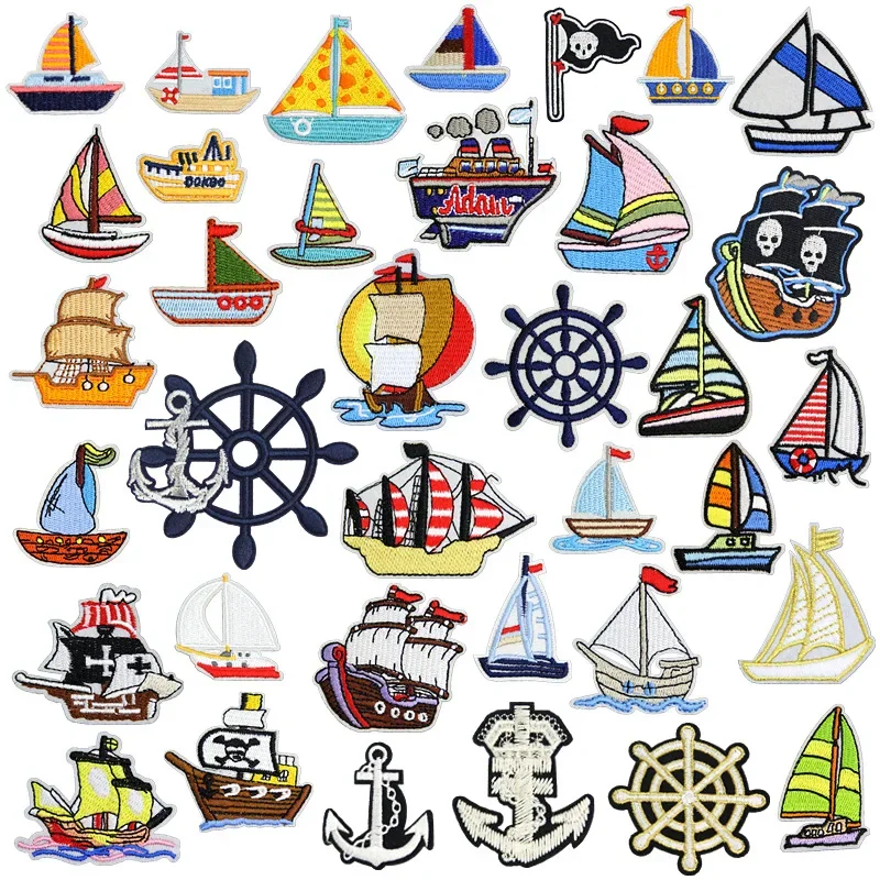 50pcs/Lot Fashion Vintage Embroidery Patch Pirate Sailing Sea Spear Ship Steering Wheel Shirt Art Clothing Decoration Applique