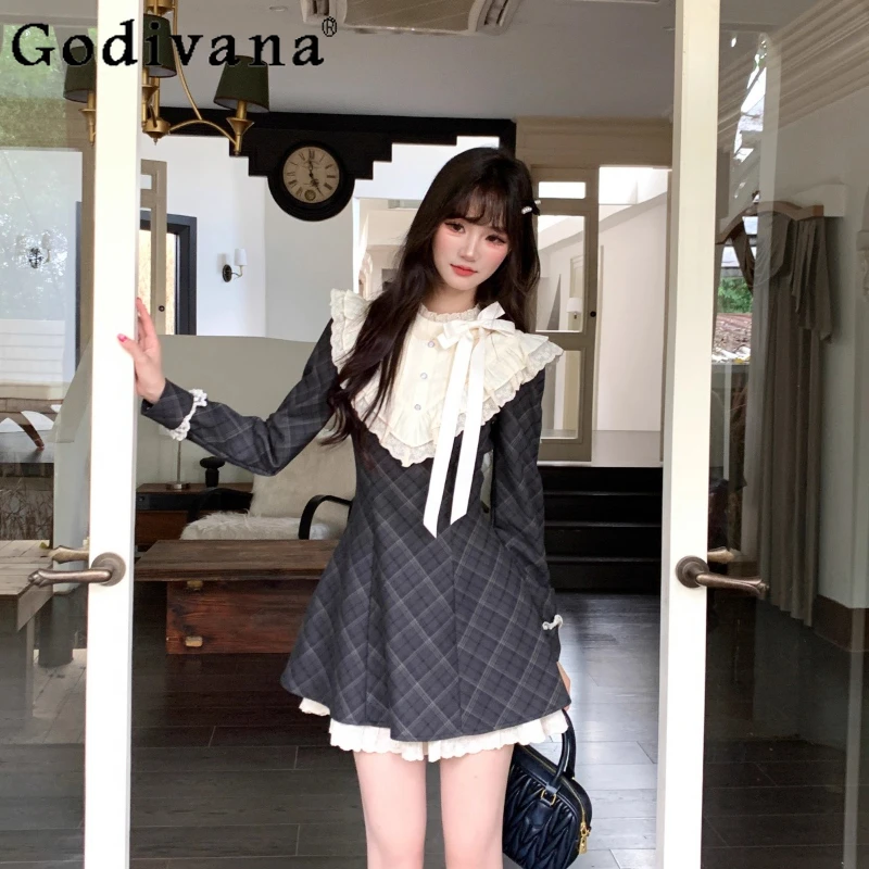 

Girls Long Sleeve Lolita Style Dress French Retro Plaid Lace Waist Cinching Dress Women Autumn Japanese Style Sweet Dress