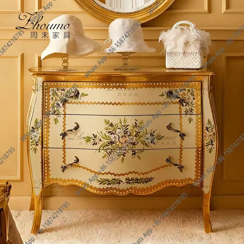 

French light luxury carved three-bucket cabinet medium antique style old receipt drawer cabinet simple bedroom storage cabinet