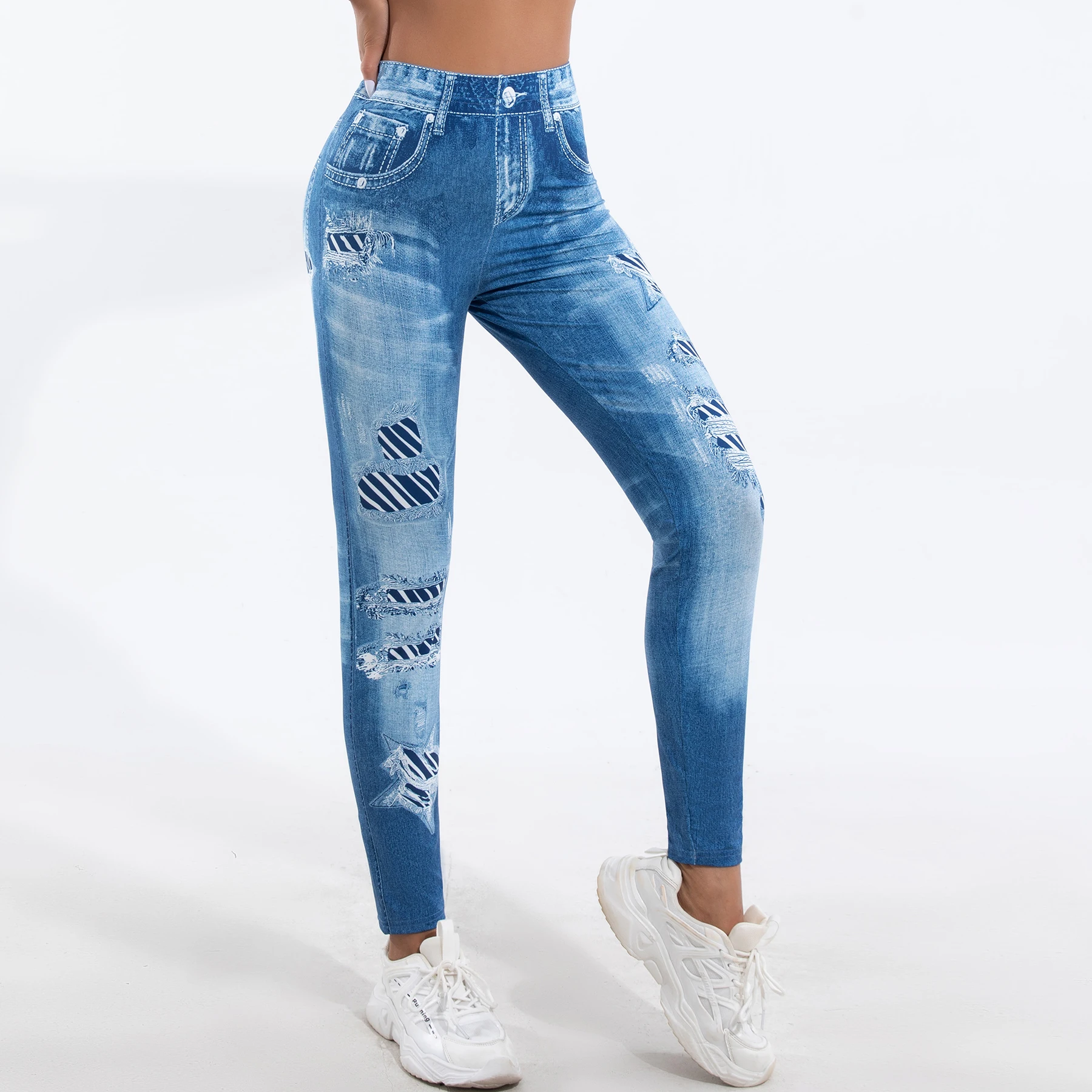 New High-waisted Imitation Denim Leggings Women Europe And America Sexy Tight Height Elastic Waist Nine-point Pants Women