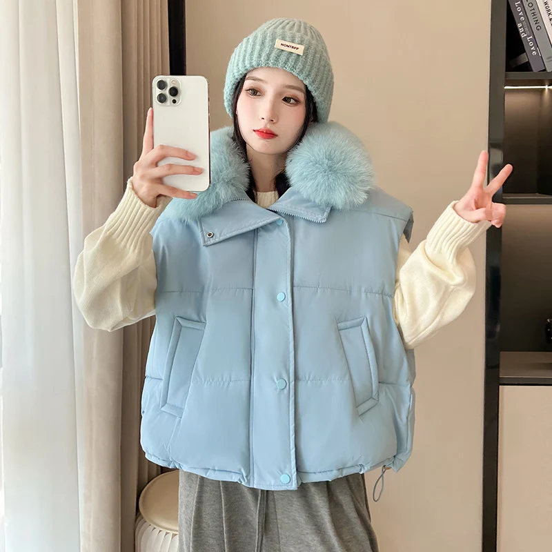 

Soft Furry Collar Sleeveless Women's Parkas Autumn Winter New Thicken Warm Cotton Vest Woman Korean Zipper Up Parkas Mujer