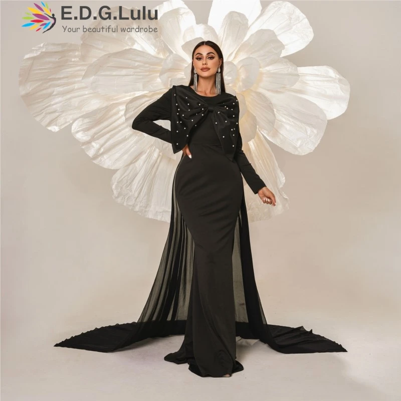 

EDGLuLu Design O Neck Big Bow Birthday Dress Elegant Mesh Long Mermaid Dresses Long Sleeved Black Party Evening Gown 0909