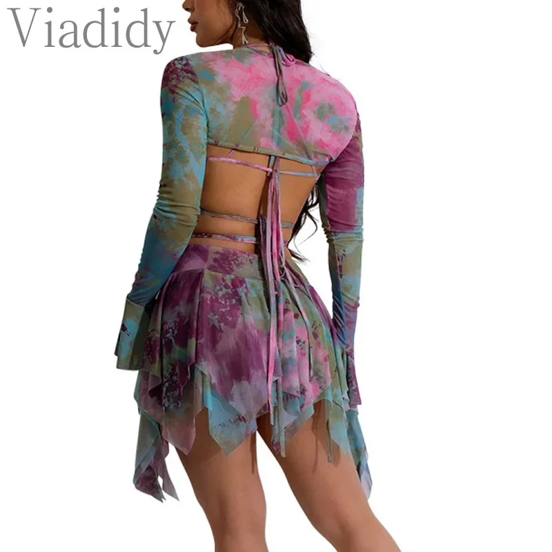 

Women Sexy Sheer Mesh Print Flare Sleeve Coat with Hollow Out Lace-up Top and High Waist Irregular Skirt 3pcs Set